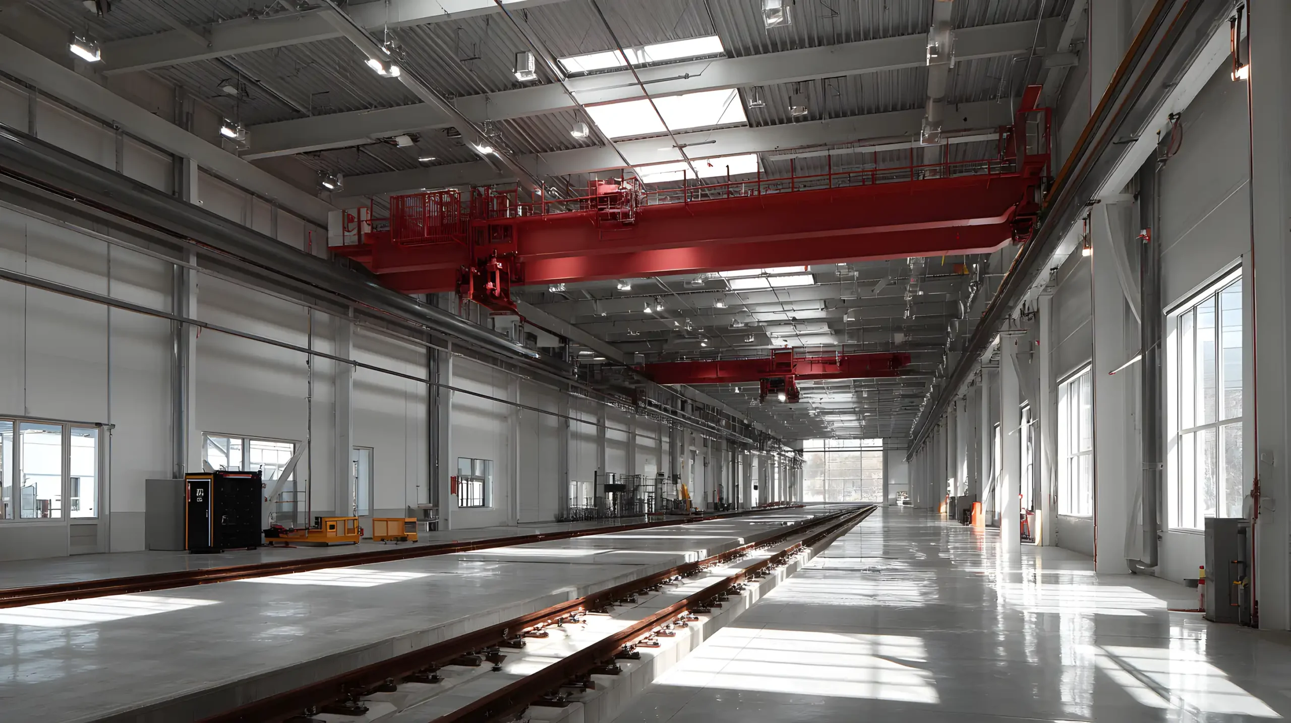Stort, lyst industrielt lagerinteriør med røde traverskraner, lange skinner nedfældet i det polerede hvide gulv, høje vinduer og synlige bjælker under et højt loft.
