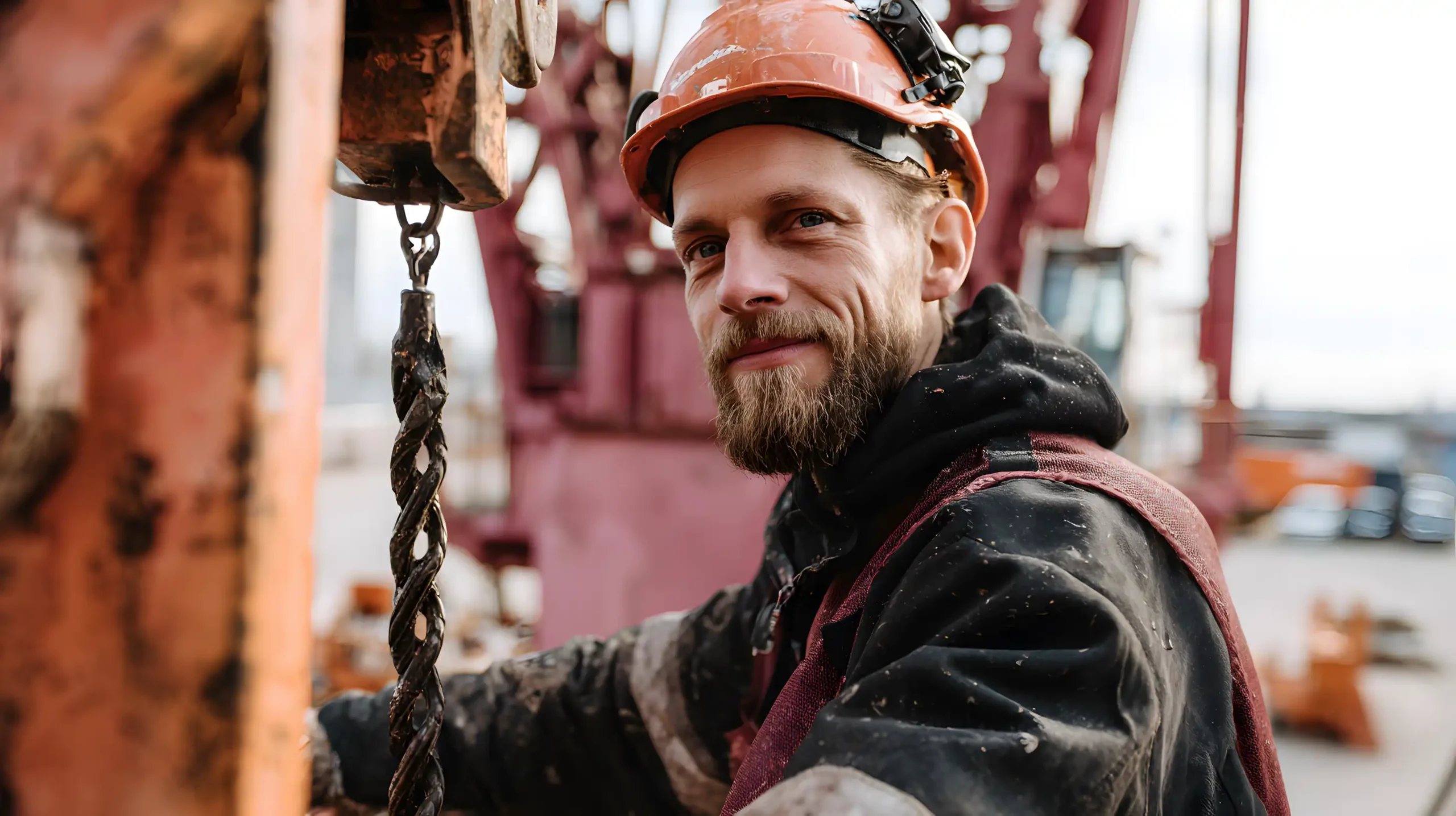En skægget bygningsarbejder iført hjelm og sikkerhedsudstyr smiler, mens han betjener maskiner på en udendørs arbejdsplads. Industrielt udstyr og strukturer er synlige i baggrunden.