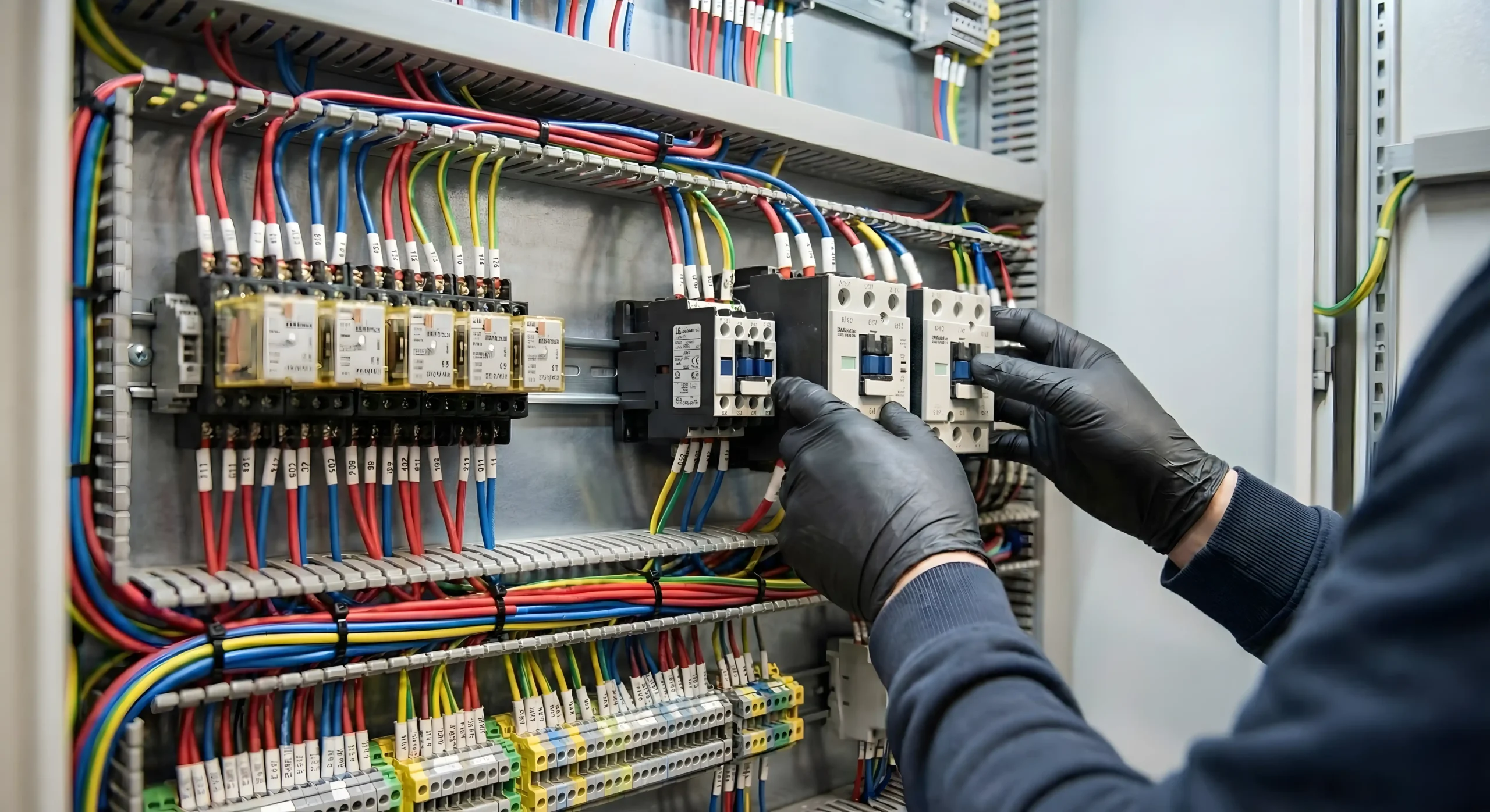 En person iført sorte handsker arbejder på et elektrisk kontrolpanel og justerer ledninger og komponenter inde i panelet, der er fyldt med farverige kabler og kontakter.