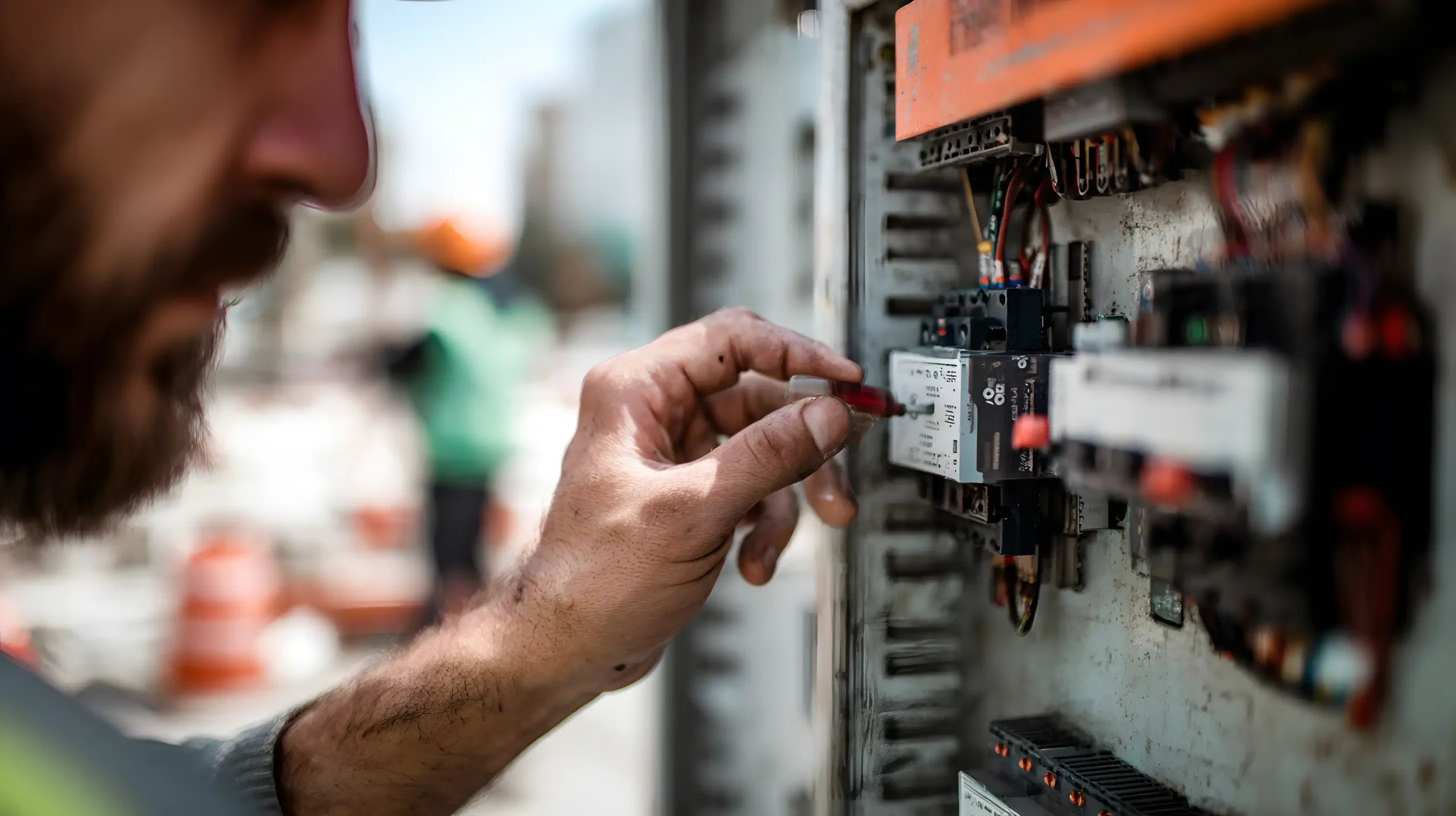 Et nærbillede af en persons hånd, der installerer eller justerer en komponent i et elektrisk kontrolpanel udendørs, med slørede bygningselementer i baggrunden.