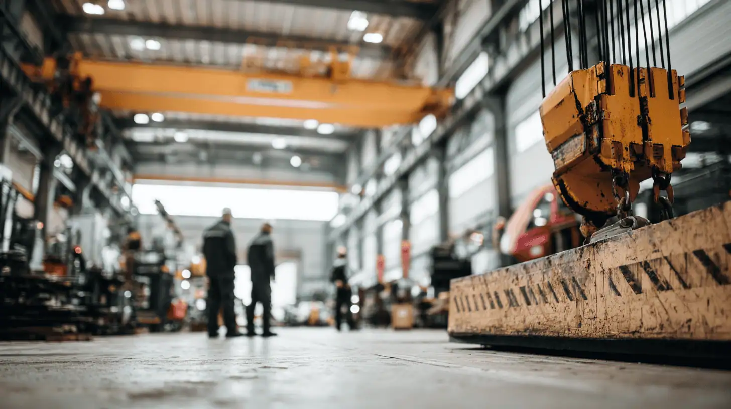 Et stort industrilager med en gul traverskran, slørede arbejdere, der står i baggrunden, og maskiner og udstyr, der er spredt ud over det rummelige, veloplyste interiør.