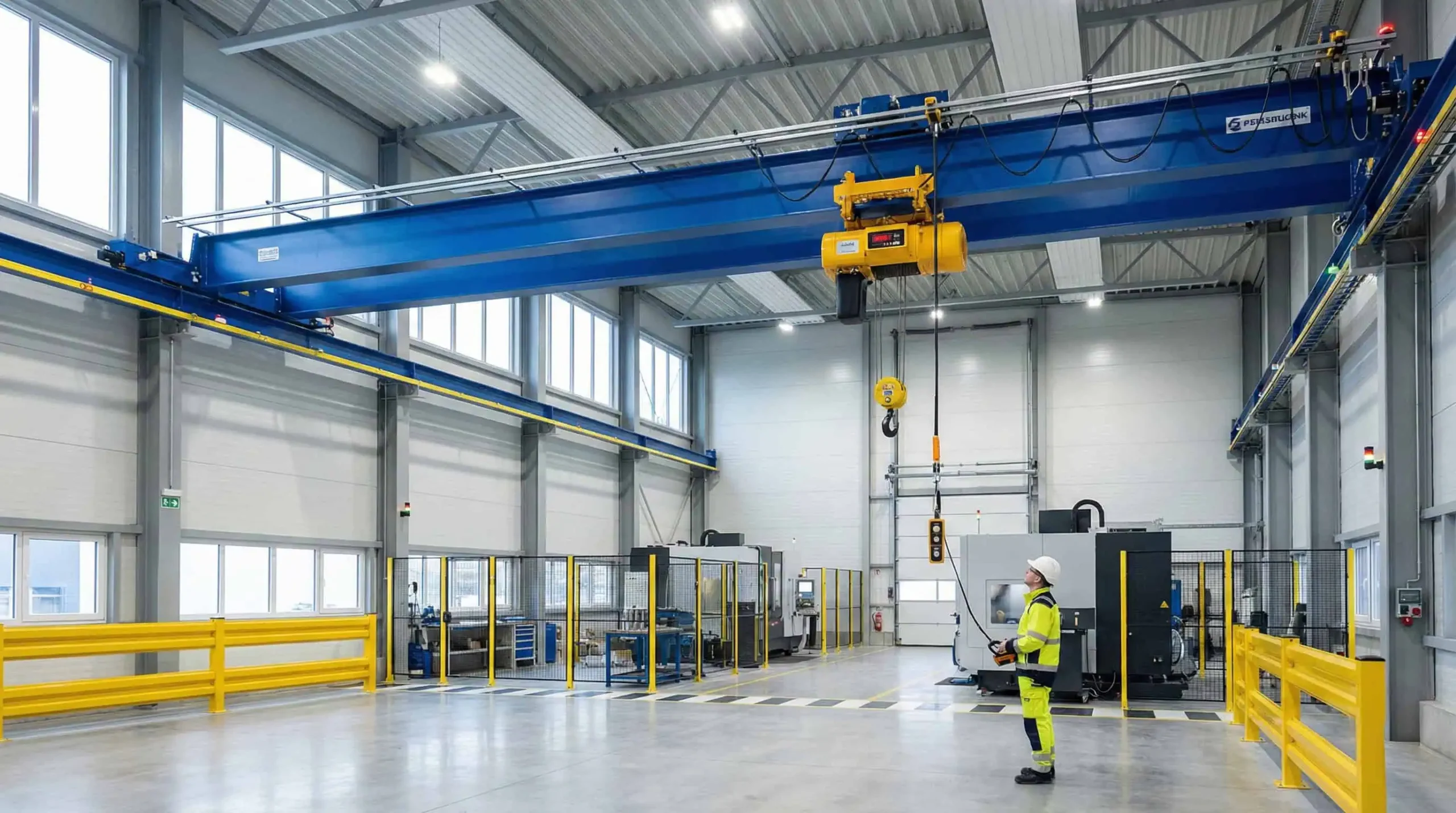 En medarbejder i sikkerhedsudstyr står under en stor blå traverskran i et rummeligt, veloplyst industrianlæg med maskiner og gule sikkerhedsbarrierer.