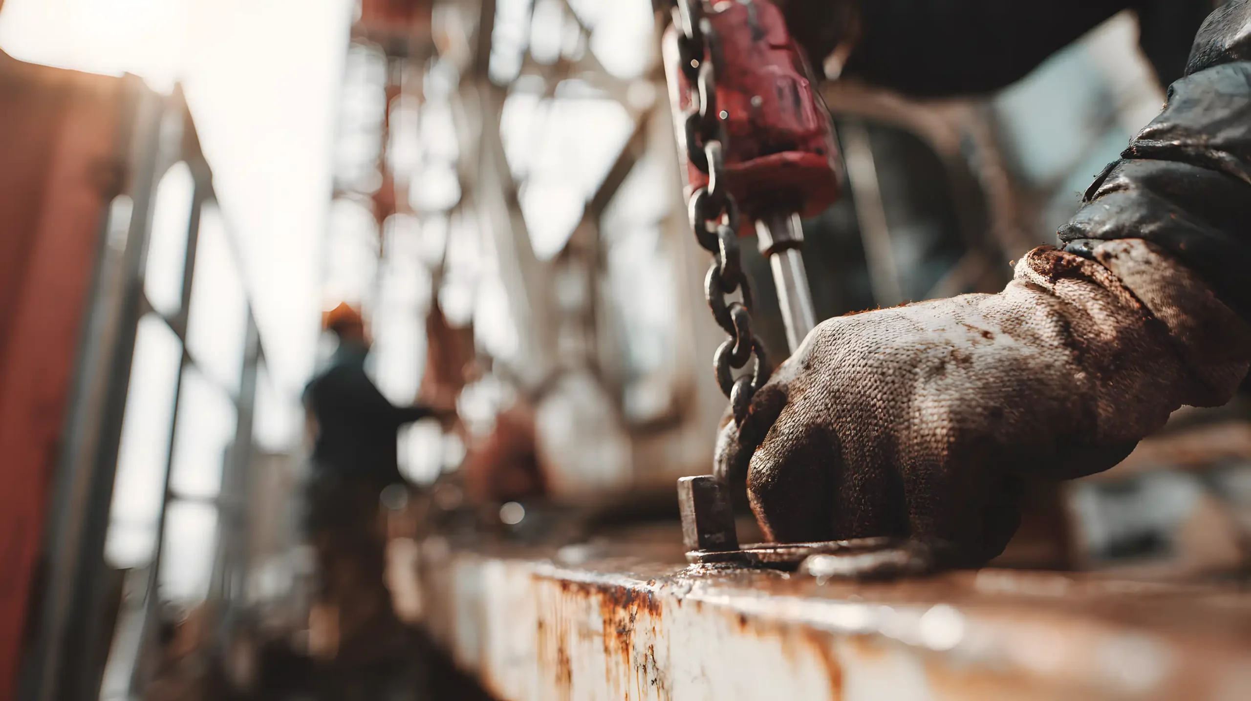 Nærbillede af en arbejders behandskede hånd, der bruger et værktøj på en kæde på et industriområde, med en anden arbejder sløret i baggrunden og metaludstyr omkring dem.