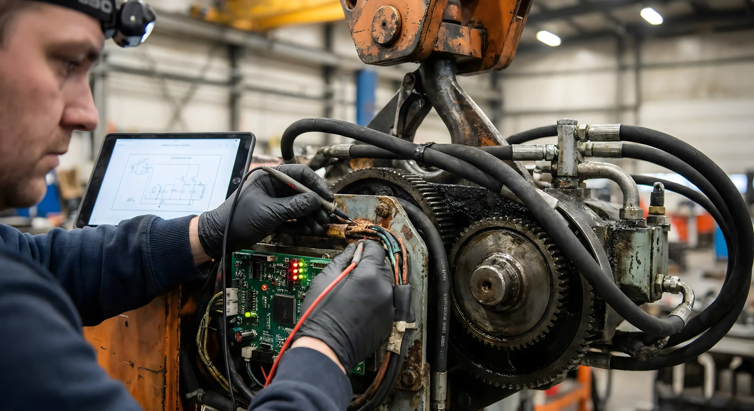 En person med handsker reparerer det udsatte printkort på en industrimaskine ved hjælp af værktøj og en tablet, der viser et diagram, i et stort værksted.
