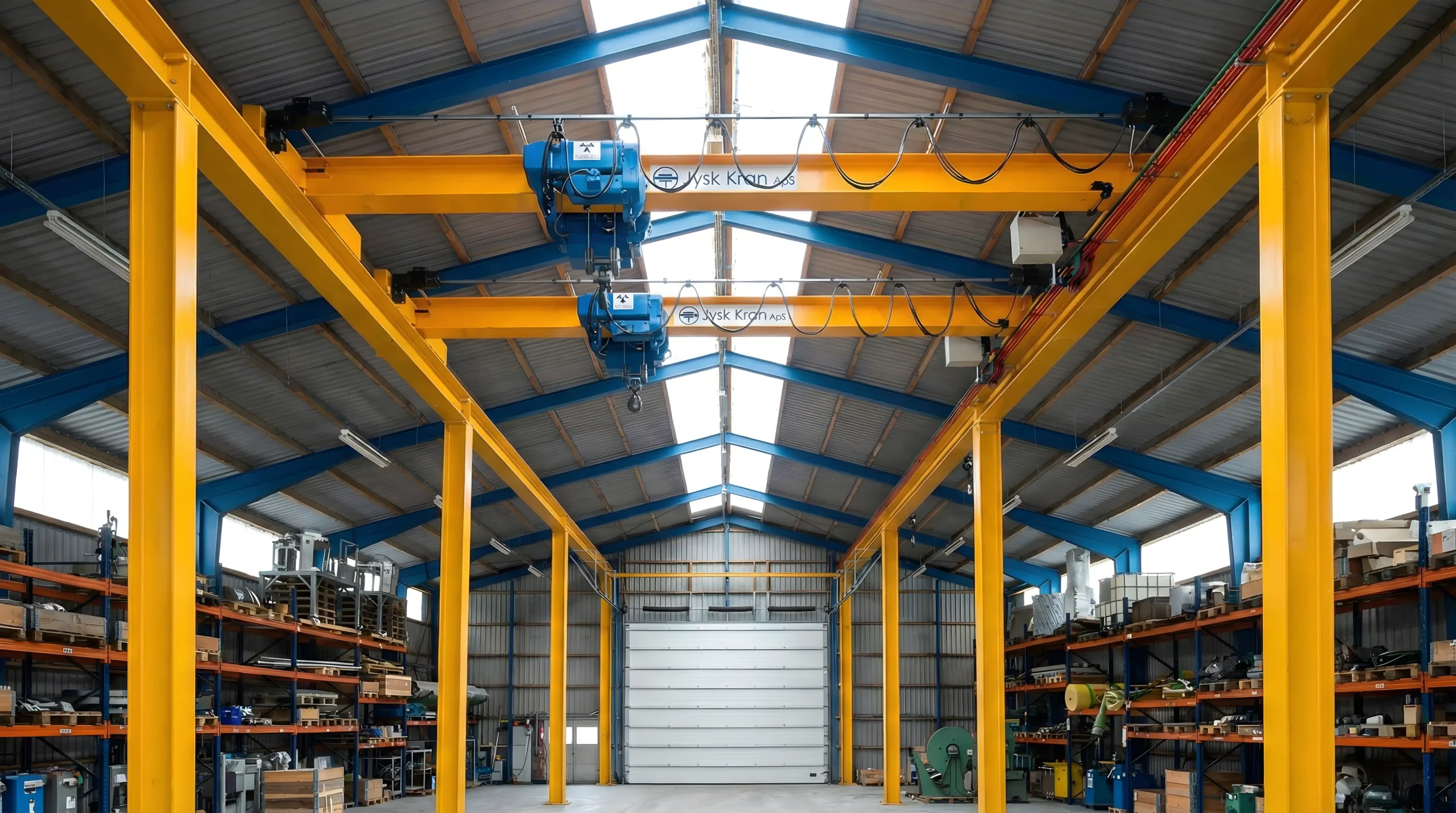Interiør af et rummeligt industrilager med gule stålbjælker, blå støtter, traverskraner, metalreoler på begge sider og en stor lukket garageport i den fjerneste ende.