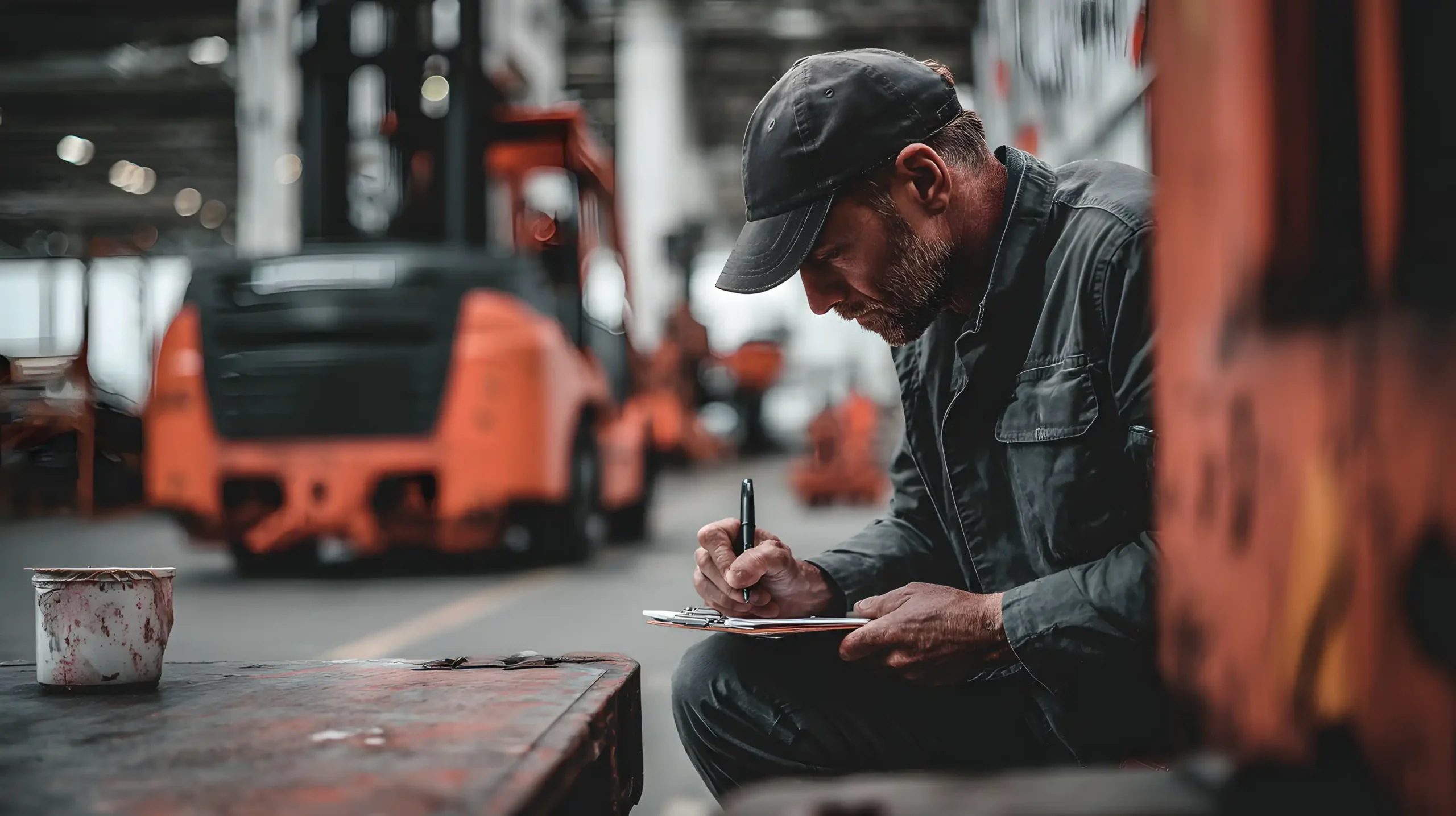 En mand i arbejdstøj og kasket sidder på en bænk i en lagerhal og skriver på et clipboard. Gaffeltrucks og industrielt udstyr er synlige i den slørede baggrund.
