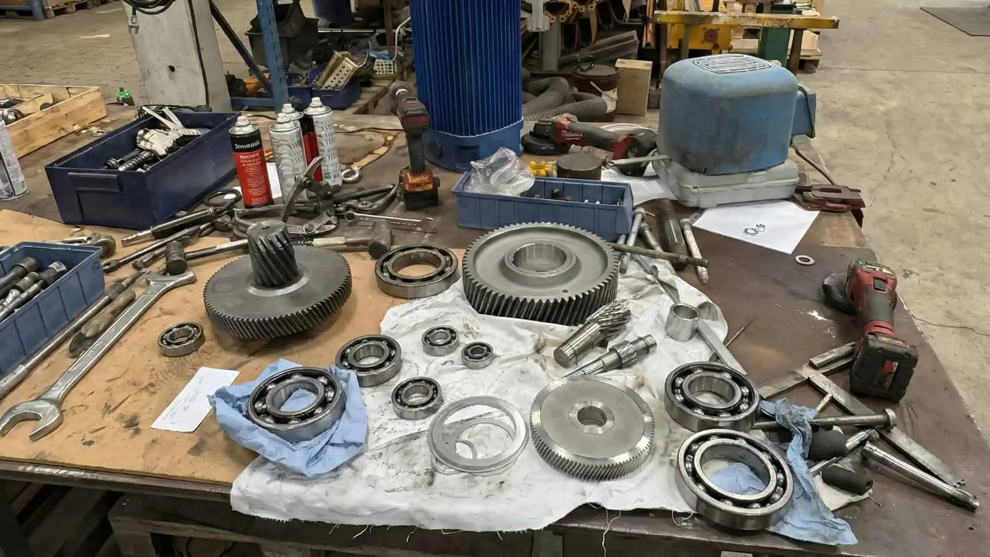 Et arbejdsbord dækket af tandhjul, lejer, metaldele, værktøj og smøremiddeldåser i et travlt værkstedsmiljø med maskiner og udstyr i baggrunden.