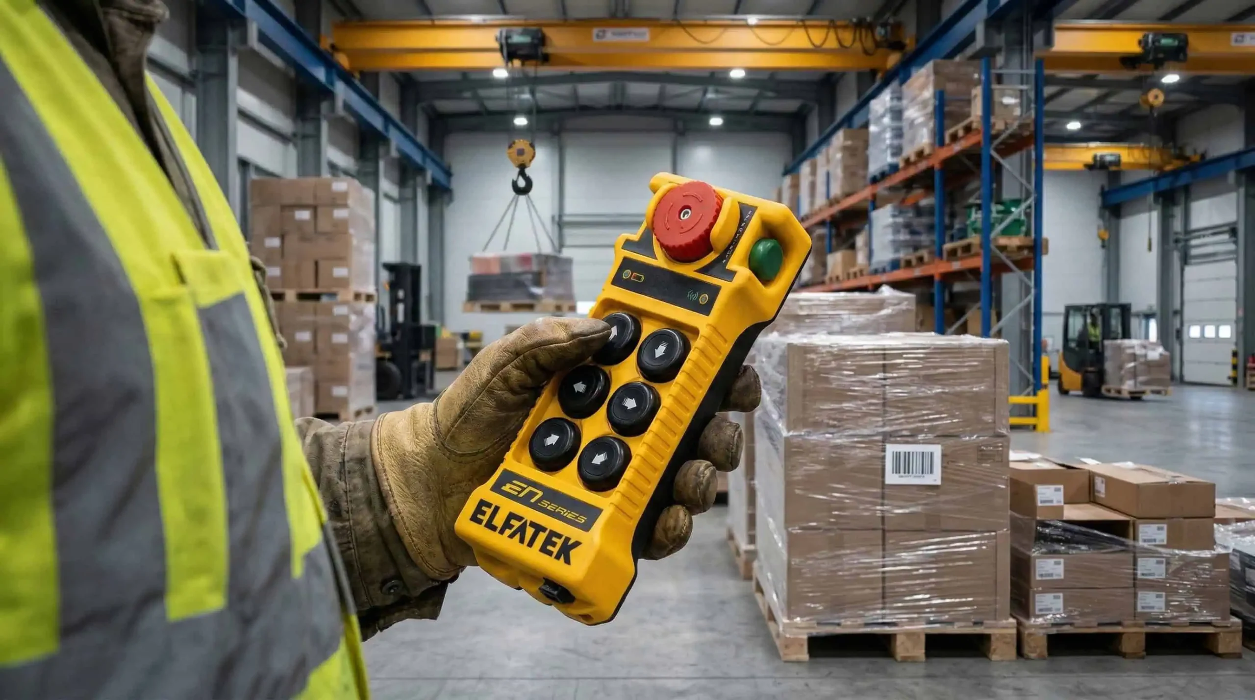 En medarbejder iført handsker og sikkerhedsvest holder en gul Elfatek-kranstyring på et lager med stablede paller og hylder i baggrunden.